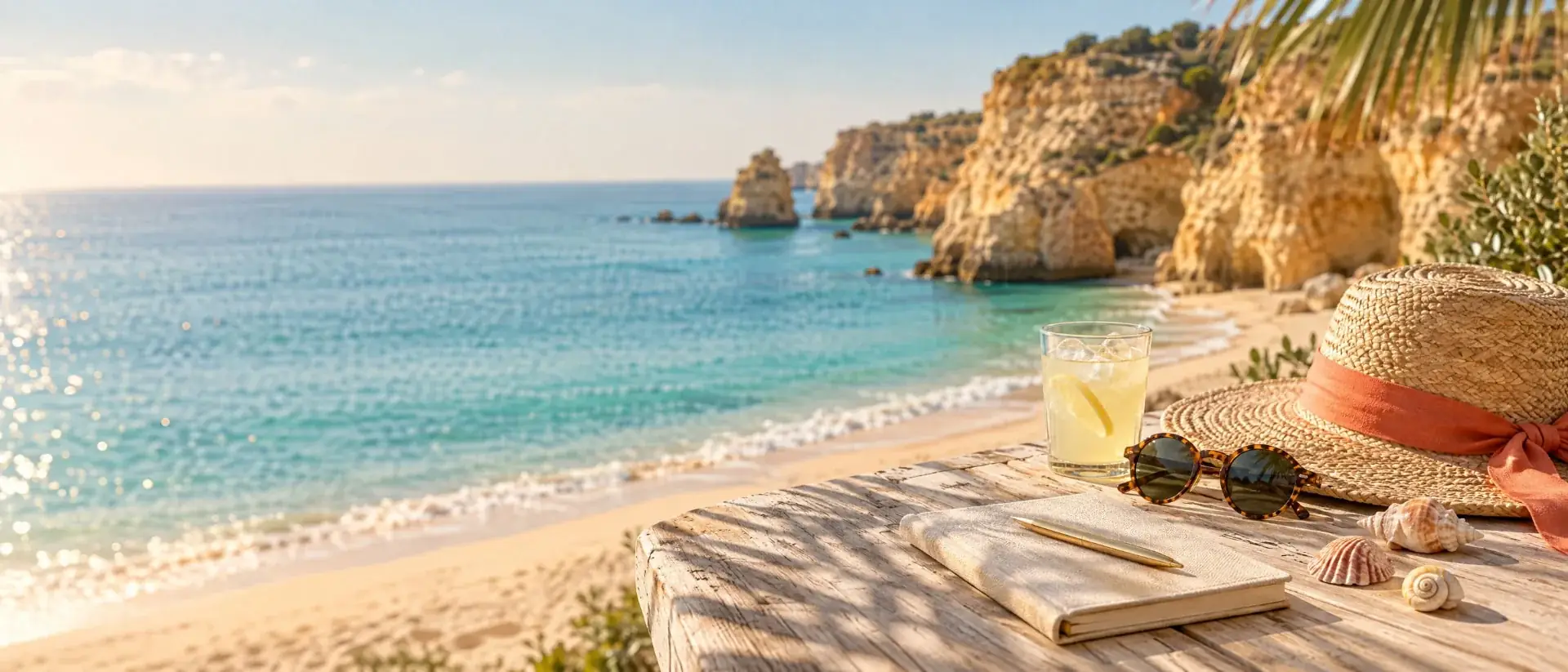 Sonnige Bucht am Meer mit Strohhut und Reiseplaner