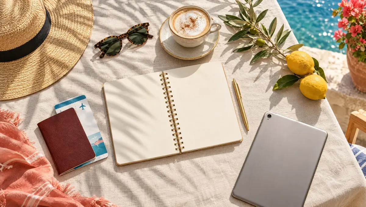 Reiseplanung mit Notizbuch, Kaffee, Sonnenhut und Tablet am Wasser